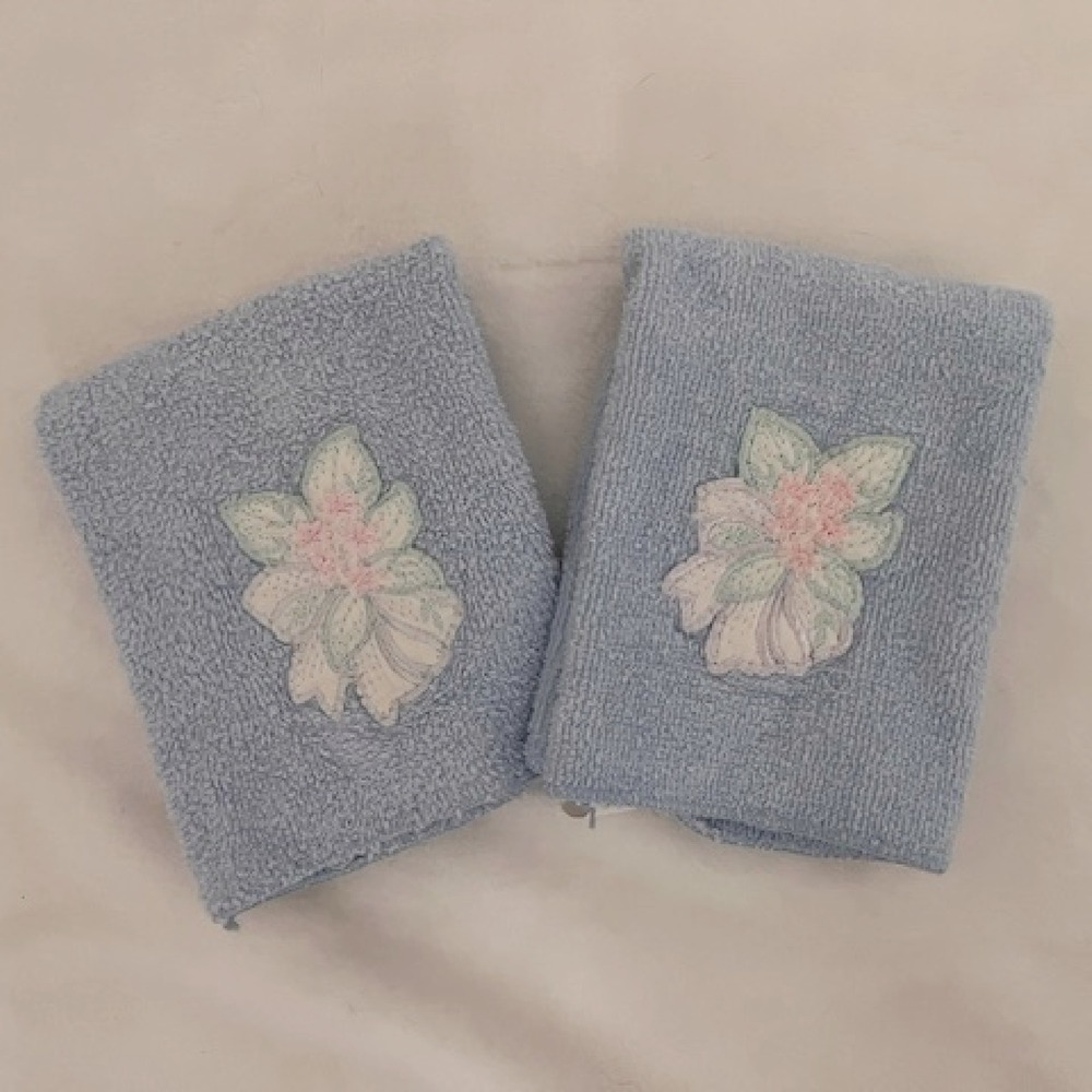 Vintage pair of Embroidered light‎ blue washcloths